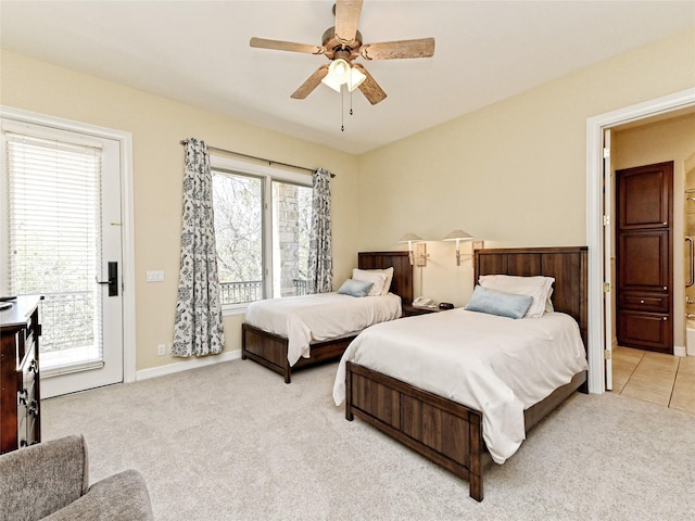 bedroom featuring ceiling fan, access to outside, and light carpet