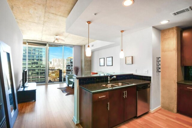 kitchen with sink, a wall of windows, light hardwood / wood-style floors, and stainless steel dishwasher