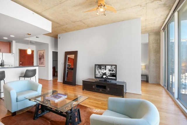 living room with ceiling fan and light hardwood / wood-style flooring