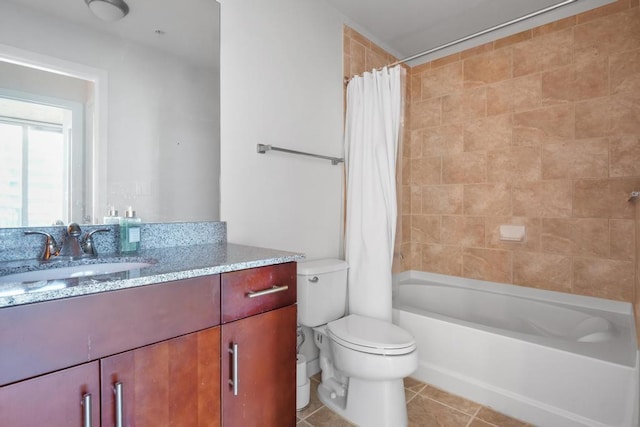 full bathroom with vanity, tile patterned floors, shower / bath combination with curtain, and toilet