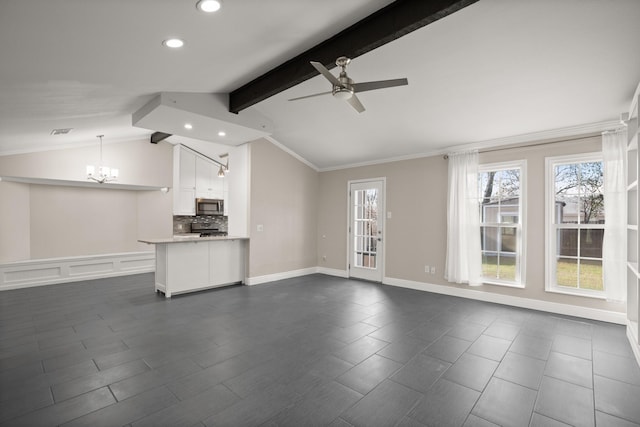 unfurnished living room featuring ceiling fan with notable chandelier, crown molding, and lofted ceiling with beams