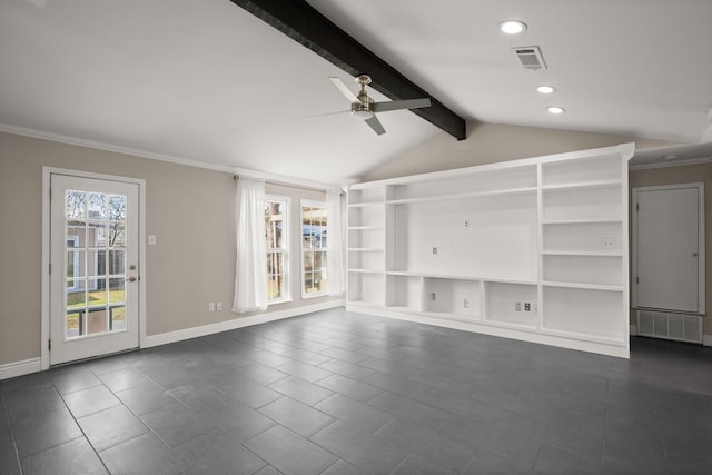 unfurnished living room with built in shelves, ceiling fan, and lofted ceiling with beams