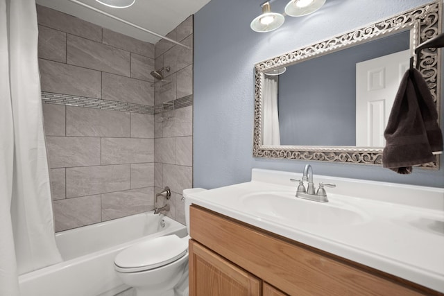 full bathroom featuring toilet, shower / tub combo, and vanity