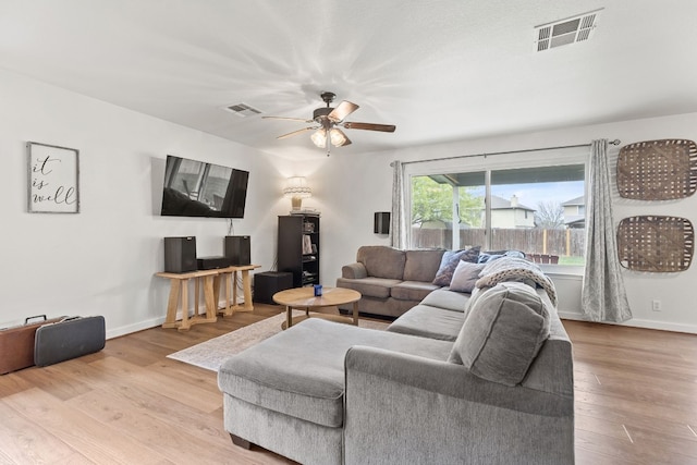 living room featuring ceiling fan and light hardwood / wood-style floors