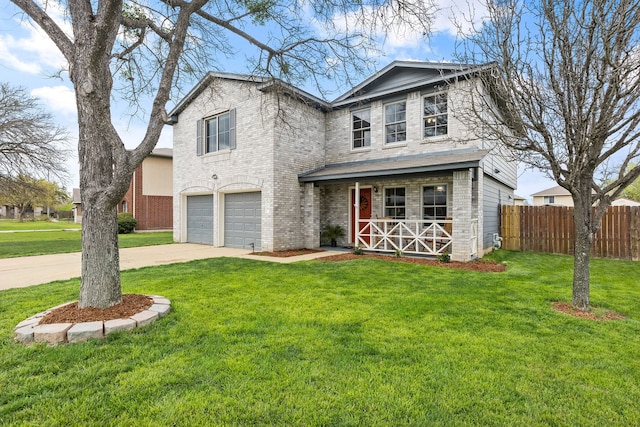 front facade with covered porch, a front lawn, and a garage