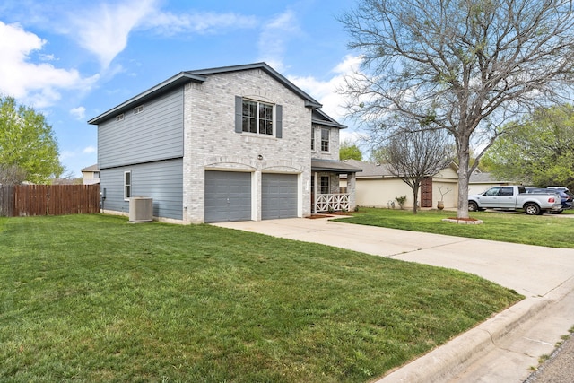 view of property exterior featuring a lawn, central AC, and a garage