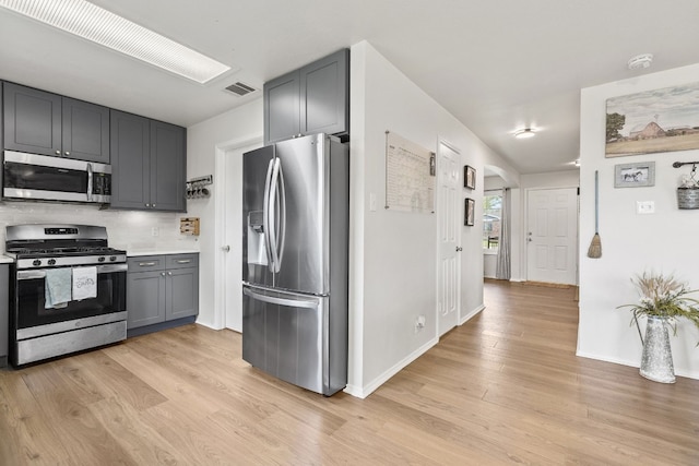 kitchen with backsplash, gray cabinets, stainless steel appliances, and light hardwood / wood-style floors