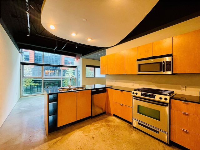 kitchen featuring kitchen peninsula, appliances with stainless steel finishes, and sink