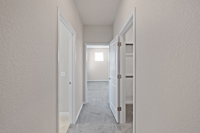 hallway with light colored carpet