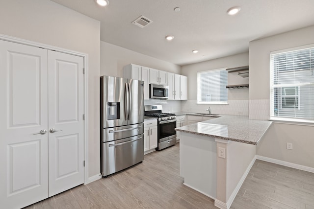 kitchen with kitchen peninsula, appliances with stainless steel finishes, backsplash, and white cabinetry