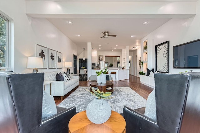 living room featuring ceiling fan and dark wood-type flooring