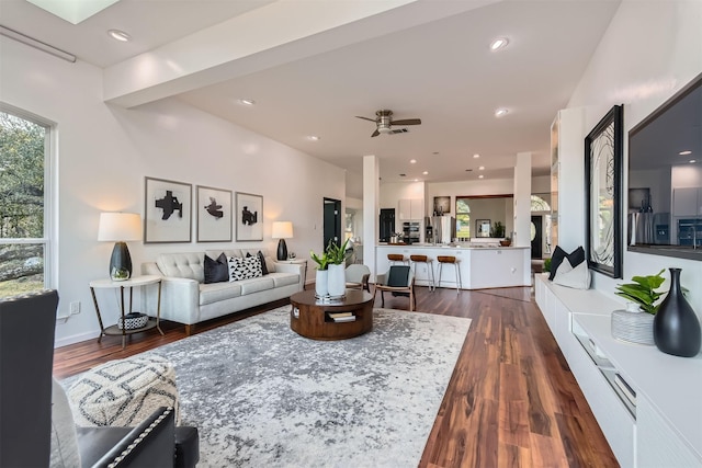 living room with ceiling fan and dark hardwood / wood-style flooring