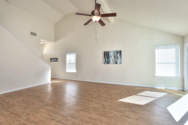 unfurnished living room featuring ceiling fan, light hardwood / wood-style flooring, high vaulted ceiling, and beamed ceiling