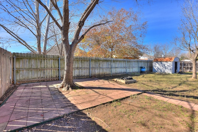 view of yard featuring a patio area and a shed