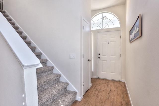 foyer with a high ceiling and hardwood / wood-style floors