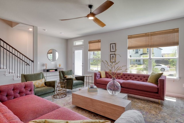 living room featuring ceiling fan