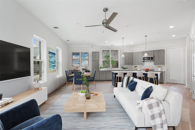 living room featuring ceiling fan and light hardwood / wood-style floors