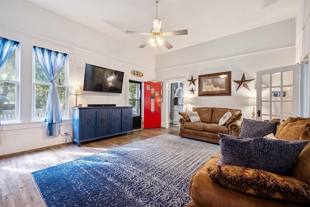 living room with ceiling fan and wood-type flooring