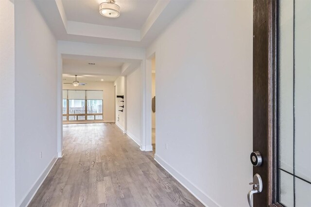 hall featuring light wood-type flooring and a tray ceiling