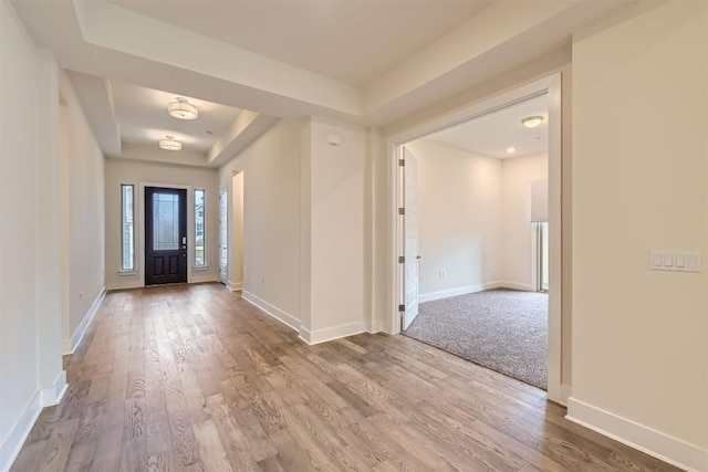 foyer entrance featuring a tray ceiling, baseboards, and wood finished floors