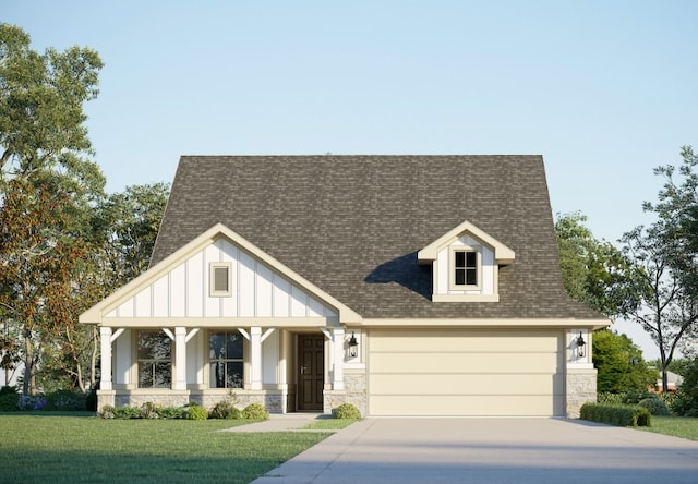 view of front of home featuring covered porch, a front lawn, and a garage