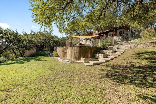 1603 Twilight Ridge Dr, Austin, TX 78746 - view of green lawn featuring stairway and a deck