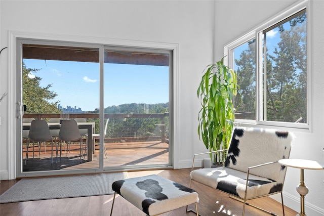 living room with a wealth of natural light and wood-type flooring