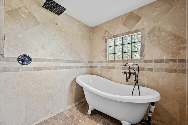 bathroom with tile walls and a bathing tub