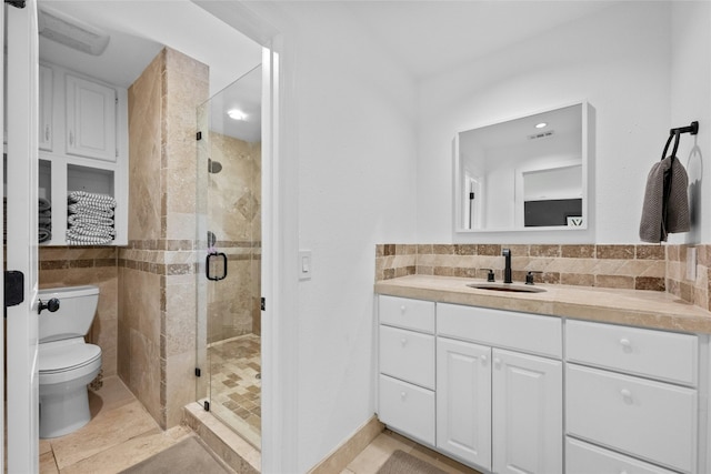 1603 Twilight Ridge Dr, Austin, TX 78746 - bathroom featuring vanity, a stall shower, backsplash, and tile patterned floors
