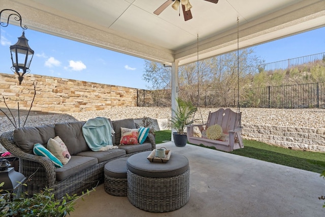 17820 Limestone Spring Ln, Austin, TX 78738 - fenced backyard featuring a ceiling fan, a patio, and an outdoor living space