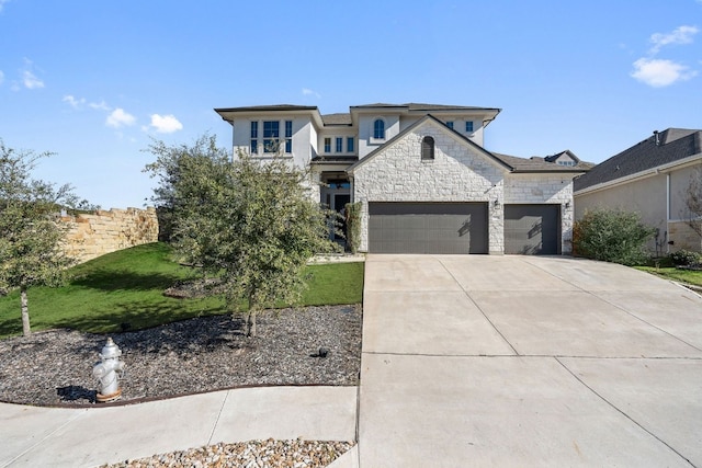 17820 Limestone Spring Ln, Austin, TX 78738 - view of front of home featuring stone siding, driveway, a garage, and a front yard