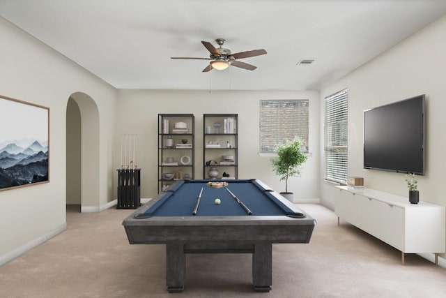 17820 Limestone Spring Ln, Austin, TX 78738 - game room with light carpet, ceiling fan, arched walkways, billiards, and baseboards