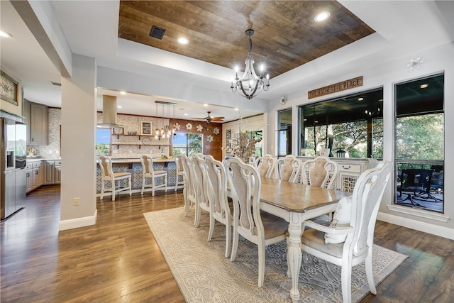 dining area featuring wood ceiling, dark hardwood / wood-style floors, ceiling fan with notable chandelier, and a tray ceiling