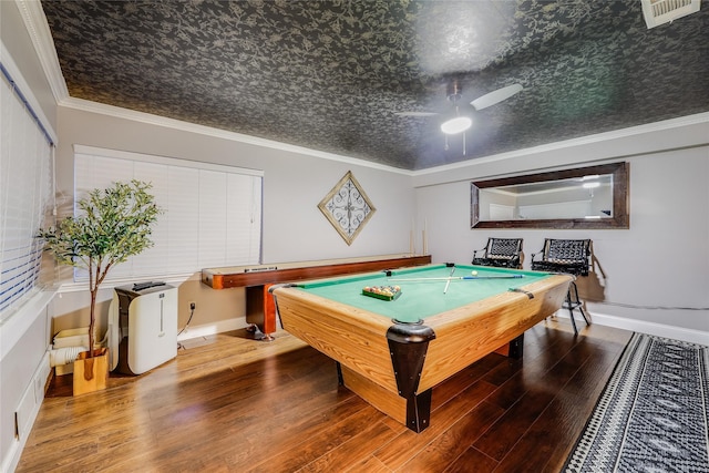 rec room with pool table, ceiling fan, crown molding, and hardwood / wood-style flooring