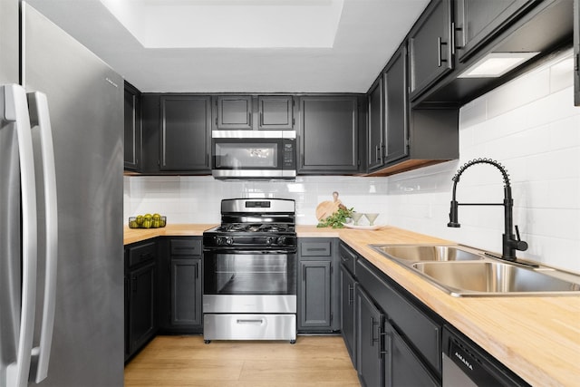 kitchen featuring light hardwood / wood-style floors, tasteful backsplash, wood counters, appliances with stainless steel finishes, and sink