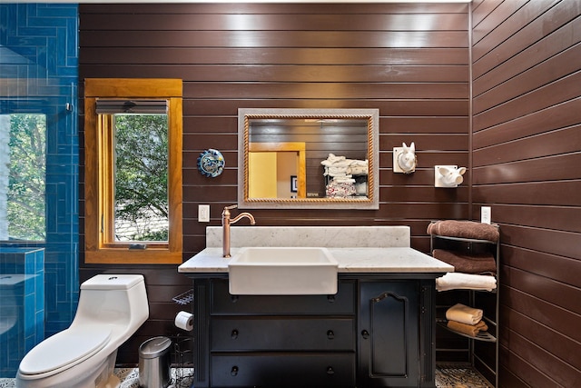 bathroom with toilet, wooden walls, and vanity