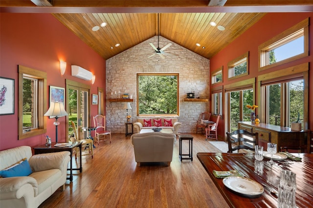 living room with high vaulted ceiling, wood-type flooring, and wood ceiling