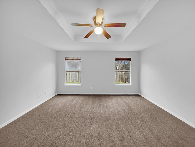 carpeted empty room with a raised ceiling, ceiling fan, and a wealth of natural light