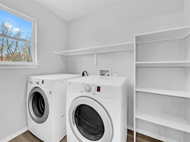 laundry area with dark wood-type flooring and washer and dryer