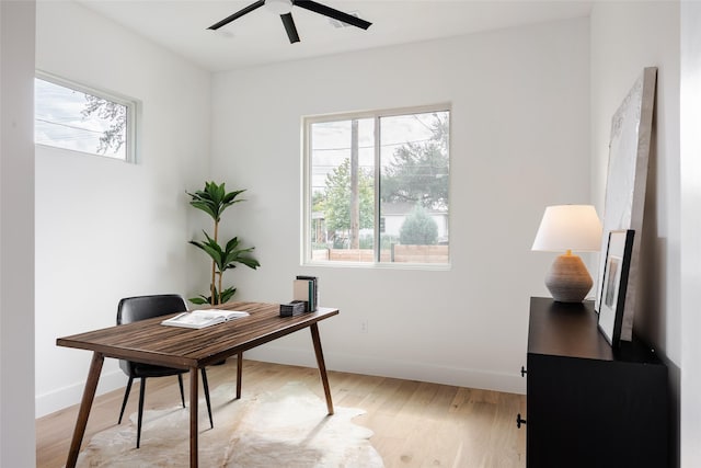 office area featuring ceiling fan and light hardwood / wood-style flooring