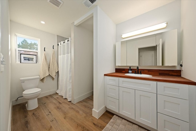 bathroom featuring toilet, vanity, and wood-type flooring