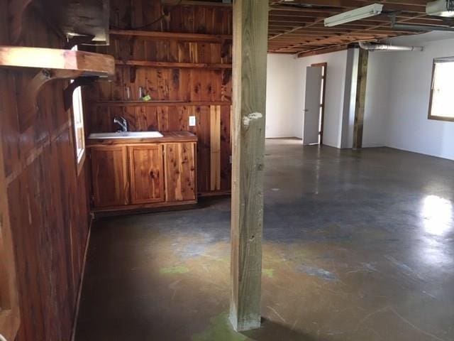 basement featuring sink and wooden walls