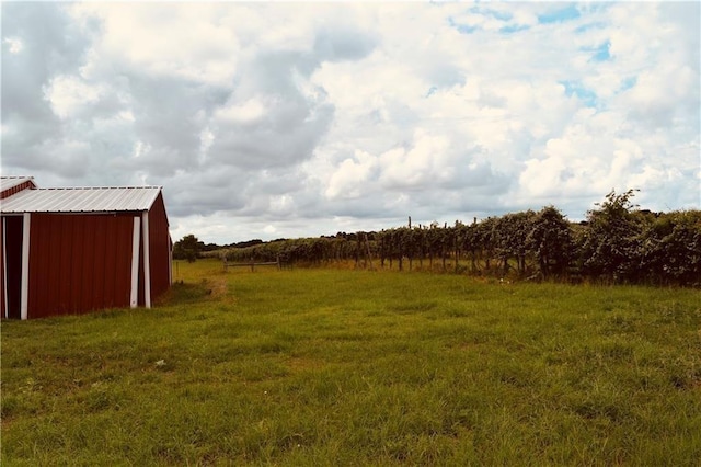 view of yard featuring a rural view and an outdoor structure