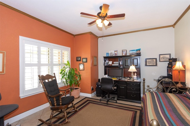 office space with ceiling fan, ornamental molding, and light tile patterned floors