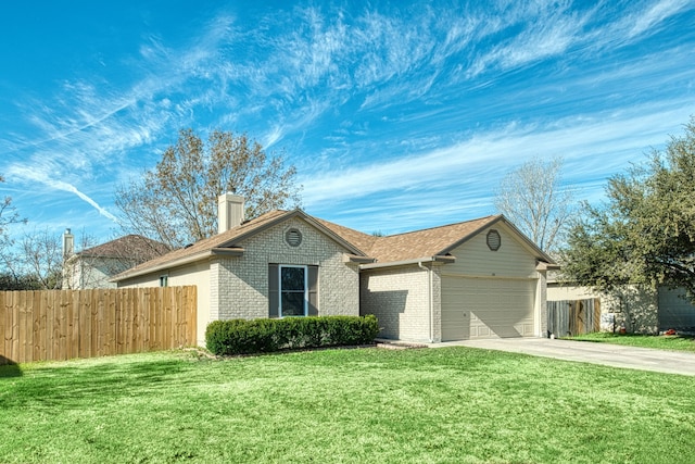 single story home with a front yard and a garage