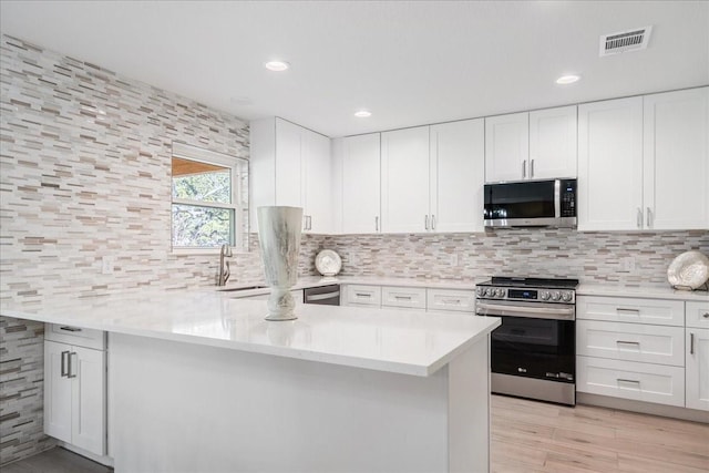 kitchen featuring appliances with stainless steel finishes, kitchen peninsula, sink, white cabinets, and tasteful backsplash