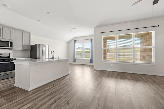 kitchen with hardwood / wood-style flooring, vaulted ceiling, stainless steel appliances, an island with sink, and decorative backsplash