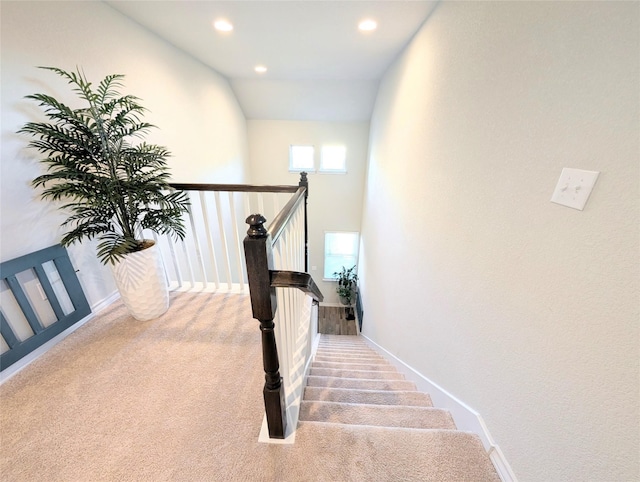 stairs featuring lofted ceiling and carpet