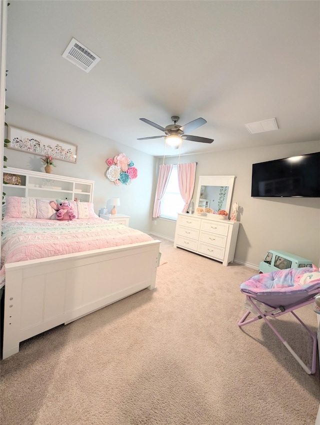 carpeted bedroom with ceiling fan