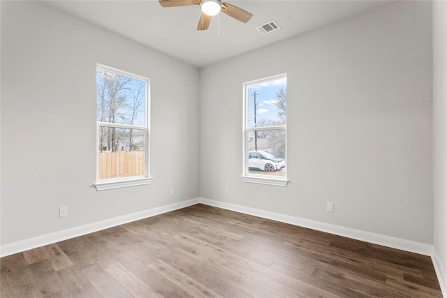 empty room with wood-type flooring, ceiling fan, and a wealth of natural light